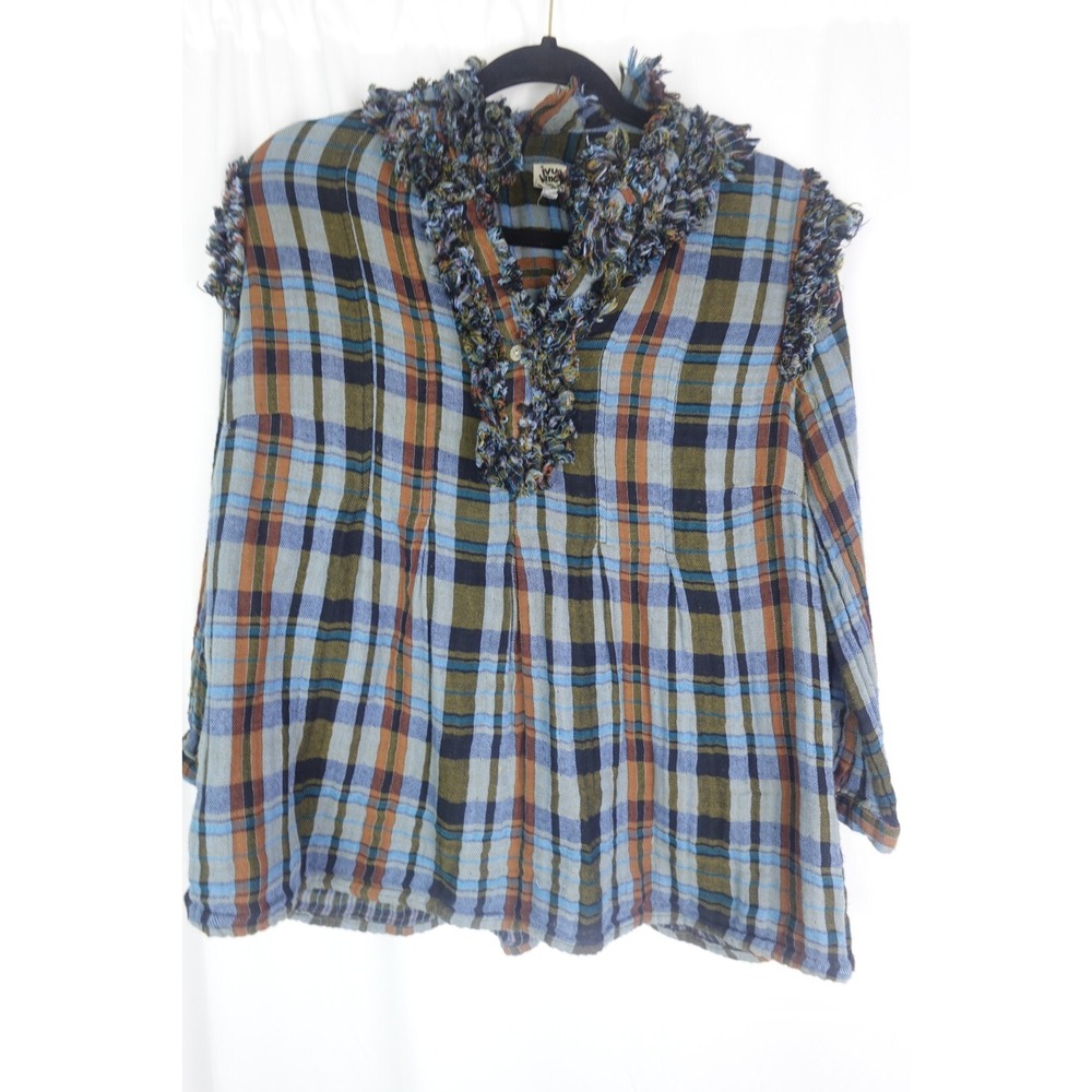 Ivy Jane Plaid‎ Ruffled And Tucked Frayed Navy Blue Small Western Womens